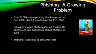 • Over 28,000 unique phishing attacks reported in
Dec. 2006, about double the number from 2005
• Estimates suggest phishing affected 2 million US
citizens and cost businesses billions of dollars in
2008
• Additional losses due to consumer fears
Phishing: A Growing
Problem
 