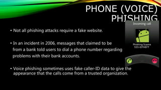 PHONE (VOICE)
PHISHING
• Not all phishing attacks require a fake website.
• In an incident in 2006, messages that claimed to be
from a bank told users to dial a phone number regarding
problems with their bank accounts.
• Voice phishing sometimes uses fake caller-ID data to give the
appearance that the calls come from a trusted organization.
 