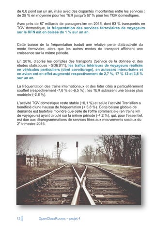 13 OpenClassRooms – projet 4
de 0,8 point sur un an, mais avec des disparités importantes entre les services :
de 25 % en moyenne pour les TER jusqu’à 67 % pour les TGV domestiques.
Avec près de 87 milliards de passagers.km en 2016, dont 53 % transportés en
TGV domestique, la fréquentation des services ferroviaires de voyageurs
sur le RFN est en baisse de 1 % sur un an.
Cette baisse de la fréquentation traduit une relative perte d’attractivité du
mode ferroviaire, alors que les autres modes de transport affichent une
croissance sur la même période.
En 2016, d’après les comptes des transports (Service de la donnée et des
études statistiques - SDES11), les trafics intérieurs de voyageurs réalisés
en véhicules particuliers (dont covoiturage), en autocars interurbains et
en avion ont en effet augmenté respectivement de 2,7 %, 17 % 12 et 3,8 %
sur un an.
La fréquentation des trains internationaux et des Inter cités a particulièrement
souffert (respectivement -7,8 % et -6,5 %) ; les TER subissent une baisse plus
modérée (-2,8 %).
L’activité TGV domestique reste stable (+0,1 %) et seule l’activité Transilien a
bénéficié d’une hausse de fréquentation (+ 3,8 %). Cette baisse globale de
demande est toutefois moindre que celle de l’offre commerciale (en trains.km
de voyageurs) ayant circulé sur la même période (-4,2 %), qui, pour l’essentiel,
est due aux déprogrammations de services liées aux mouvements sociaux du
2e
trimestre 2016.
 