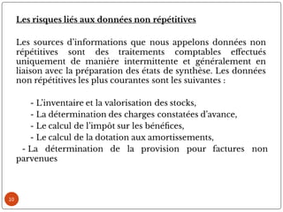 10
Les risques liés aux données non répétitives
Les sources d’informations que nous appelons données non
répétitives sont des traitements comptables e ectués
uniquement de manière intermittente et généralement en
liaison avec la préparation des états de synthèse. Les données
non répétitives les plus courantes sont les suivantes :
- L’inventaire et la valorisation des stocks,
- La détermination des charges constatées d’avance,
- Le calcul de l’impôt sur les béné ces,
- Le calcul de la dotation aux amortissements,
- La détermination de la provision pour factures non
parvenues
 