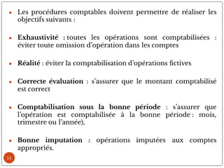 13
● Les procédures comptables doivent permettre de réaliser les
objectifs suivants :
● Exhaustivité : toutes les opérations sont comptabilisées :
éviter toute omission d’opération dans les comptes
● Réalité : éviter la comptabilisation d’opérations ctives
● Correcte évaluation : s’assurer que le montant comptabilisé
est correct
● Comptabilisation sous la bonne période : s’assurer que
l’opération est comptabilisée à la bonne période : mois,
trimestre ou l’année),
● Bonne imputation : opérations imputées aux comptes
appropriés.
 