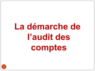 4
La démarche de
l’audit des
comptes
 