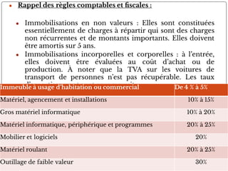 ● Rappel des règles comptables et scales :
● Immobilisations en non valeurs : Elles sont constituées
essentiellement de charges à répartir qui sont des charges
non récurrentes et de montants importants. Elles doivent
être amortis sur 5 ans.
● Immobilisations incorporelles et corporelles : à l’entrée,
elles doivent être évaluées au coût d’achat ou de
production. À noter que la TVA sur les voitures de
transport de personnes n’est pas récupérable. Les taux
d’amortissement sont comme suit :
45
Immeuble à usage d’habitation ou commercial De 4 % à 5%
Matériel, agencement et installations 10% à 15%
Gros matériel informatique 10% à 20%
Matériel informatique, périphérique et programmes 20% à 25%
Mobilier et logiciels 20%
Matériel roulant 20% à 25%
Outillage de faible valeur 30%
 