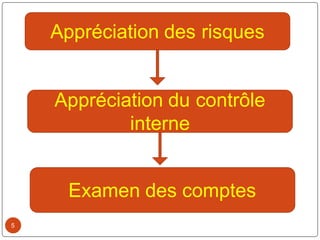 5
5
Appréciation des risques
Appréciation du contrôle
interne
Examen des comptes
 