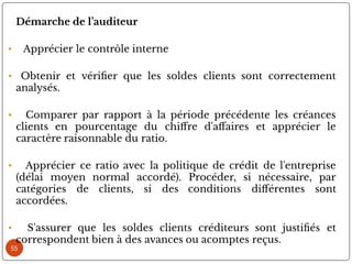 55
Démarche de l’auditeur
• Apprécier le contrôle interne
• Obtenir et véri er que les soldes clients sont correctement
analysés.
• Comparer par rapport à la période précédente les créances
clients en pourcentage du chi re d'a aires et apprécier le
caractère raisonnable du ratio.
• Apprécier ce ratio avec la politique de crédit de l'entreprise
(délai moyen normal accordé). Procéder, si nécessaire, par
catégories de clients, si des conditions di érentes sont
accordées.
• S'assurer que les soldes clients créditeurs sont justi és et
correspondent bien à des avances ou acomptes reçus.
 