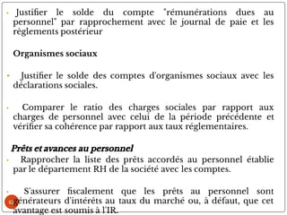 62
• Justi er le solde du compte "rémunérations dues au
personnel" par rapprochement avec le journal de paie et les
règlements postérieur
Organismes sociaux
• Justi er le solde des comptes d'organismes sociaux avec les
déclarations sociales.
• Comparer le ratio des charges sociales par rapport aux
charges de personnel avec celui de la période précédente et
véri er sa cohérence par rapport aux taux réglementaires.
Prêts et avances au personnel
• Rapprocher la liste des prêts accordés au personnel établie
par le département RH de la société avec les comptes.
• S'assurer scalement que les prêts au personnel sont
générateurs d'intérêts au taux du marché ou, à défaut, que cet
avantage est soumis à l'IR.
 
