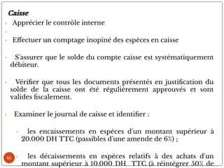 65
Caisse
• Apprécier le contrôle interne
•
• E ectuer un comptage inopiné des espèces en caisse
• S'assurer que le solde du compte caisse est systématiquement
débiteur.
• Véri er que tous les documents présentés en justi cation du
solde de la caisse ont été régulièrement approuvés et sont
valides scalement.
• Examiner le journal de caisse et identi er :
• les encaissements en espèces d'un montant supérieur à
20.000 DH TTC (passibles d'une amende de 6%) ;
• les décaissements en espèces relatifs à des achats d'un
montant supérieur à 10.000 DH TTC (à réintégrer 50% de
 
