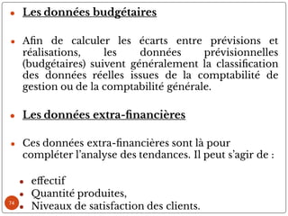 74
● Les données budgétaires
● A n de calculer les écarts entre prévisions et
réalisations, les données prévisionnelles
(budgétaires) suivent généralement la classi cation
des données réelles issues de la comptabilité de
gestion ou de la comptabilité générale.
● Les données extra- nancières
● Ces données extra- nancières sont là pour
compléter l’analyse des tendances. Il peut s’agir de :
● e ectif
● Quantité produites,
● Niveaux de satisfaction des clients.
 