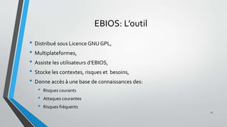 EBIOS: L’outil
• Distribué sous Licence GNU GPL,
• Multiplateformes,
• Assiste les utilisateurs d’EBIOS,
• Stocke les contextes, risques et besoins,
• Donne accès à une base de connaissances des:
• Risques courants
• Attaques courantes
• Risques fréquents
13
 
