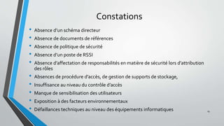 Constations
• Absence d’un schéma directeur
• Absence de documents de références
• Absence de politique de sécurité
• Absence d’un poste de RSSI
• Absence d’affectation de responsabilités en matière de sécurité lors d’attribution
des rôles
• Absences de procédure d’accès, de gestion de supports de stockage,
• Insuffisance au niveau du contrôle d’accès
• Manque de sensibilisation des utilisateurs
• Exposition à des facteurs environnementaux
• Défaillances techniques au niveau des équipements informatiques 19
 