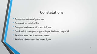 Constatations
• Des défauts de configuration.
• Des services vulnérables.
• Des patchs de sécurité non mis à jour.
• Des Produits non plus supportés par l’éditeur telque XP.
• Produits avec des licences expirées.
• Produits nécessitant des mises à jour.
23
 