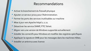 Recommandations
• Activer le branchement du firewall physique
• Ajouter un serveur proxy pour l’Administration.
• Fermer les ports des services inutilisables sur machine
• Mise à jour vers Apache httpd 2.2.21.
• Désactiver les service SNMP, FTP,Telnet.
• Migrer vers une version deWindows supportée actuellement
• Installer les correctifs pourWindows et modifier des registres spécifiques
• Appliquer la signature SMB pour les messages dans les machines Hôtes.
• Installer un antivirus avec licence
24
 