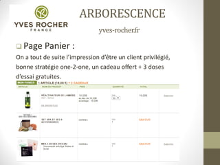 ARBORESCENCE
yves-rocher.fr
 Page Panier :
On a tout de suite l’impression d’être un client privilégié,
bonne stratégie one-2-one, un cadeau offert + 3 doses
d’essai gratuites.
 