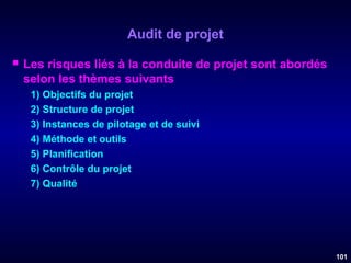 Audit de projet


Les risques liés à la conduite de projet sont abordés
selon les thèmes suivants
1) Objectifs du projet
2) Structure de projet
3) Instances de pilotage et de suivi
4) Méthode et outils
5) Planification
6) Contrôle du projet
7) Qualité

101

 
