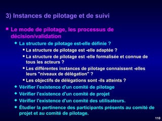 3) Instances de pilotage et de suivi


Le mode de pilotage, les processus de
décision/validation







La structure de pilotage est-elle définie ?
 La structure de pilotage est -elle adaptée ?
 La structure de pilotage est -elle formalisée et connue de
tous les acteurs ?
 Les différentes instances de pilotage connaissent -elles
leurs "niveaux de délégation" ?
 Les objectifs de délégations sont -ils atteints ?
Vérifier l'existence d'un comité de pilotage
Vérifier l'existence d'un comité de projet
Vérifier l'existence d'un comité des utilisateurs.
Étudier la pertinence des participants présents au comité de
projet et au comité de pilotage.
110

 