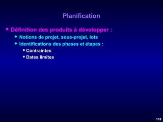 Planification


Définition des produits à développer :



Notions de projet, sous-projet, lots
Identifications des phases et étapes :
 Contraintes
 Dates limites

118

 