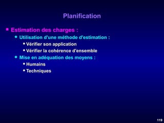 Planification


Estimation des charges :




Utilisation d'une méthode d'estimation :
 Vérifier son application
 Vérifier la cohérence d'ensemble
Mise en adéquation des moyens :
 Humains
 Techniques

119

 