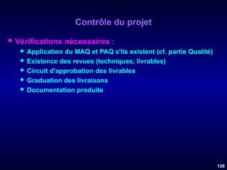 Contrôle du projet


Vérifications nécessaires :






Application du MAQ et PAQ s'ils existent (cf. partie Qualité)
Existence des revues (techniques, livrables)
Circuit d'approbation des livrables
Graduation des livraisons
Documentation produite

126

 