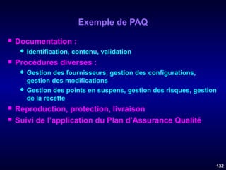 Exemple de PAQ


Documentation :




Procédures diverses :







Identification, contenu, validation
Gestion des fournisseurs, gestion des configurations,
gestion des modifications
Gestion des points en suspens, gestion des risques, gestion
de la recette

Reproduction, protection, livraison
Suivi de l’application du Plan d’Assurance Qualité

132

 