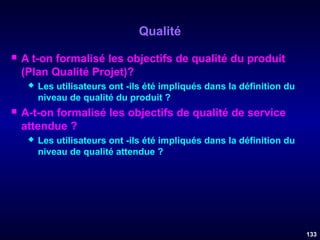 Qualité


A t-on formalisé les objectifs de qualité du produit
(Plan Qualité Projet)?




Les utilisateurs ont -ils été impliqués dans la définition du
niveau de qualité du produit ?

A-t-on formalisé les objectifs de qualité de service
attendue ?


Les utilisateurs ont -ils été impliqués dans la définition du
niveau de qualité attendue ?

133

 