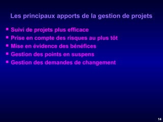 Les principaux apports de la gestion de projets






Suivi de projets plus efficace
Prise en compte des risques au plus tôt
Mise en évidence des bénéfices
Gestion des points en suspens
Gestion des demandes de changement

14

 