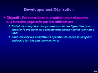 Développement/Réalisation


Objectif : Personnaliser le progiciel pour répondre
aux besoins exprimés par les utilisateurs




Définir et enregistrer les paramètres de configuration pour
adapter le progiciel au contexte organisationnel et technique
cible
Faire réaliser les adaptations spécifiques nécessaires pour
satisfaire les besoins non couverts

151

 