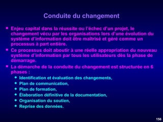 Conduite du changement






Enjeu capital dans la réussite ou l’échec d’un projet, le
changement vécu par les organisations lors d’une évolution du
système d’information doit être maîtrisé et géré comme un
processus à part entière.
Ce processus doit aboutir à une réelle appropriation du nouveau
système d’information par tous les utilisateurs dès la phase de
démarrage.
La démarche de la conduite du changement est structurée en 6
phases :







Identification et évaluation des changements,
Plan de communication,
Plan de formation,
Élaboration définitive de la documentation,
Organisation du soutien,
Reprise des données.
156

 