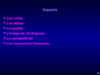 Impacts







Les coûts
Les délais
La qualité
L’image de l’Entreprise
La compétitivité
Les ressources humaines

16

 