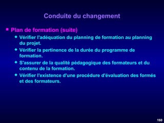 Conduite du changement


Plan de formation (suite)








Vérifier l'adéquation du planning de formation au planning
du projet.
Vérifier la pertinence de la durée du programme de
formation.
S'assurer de la qualité pédagogique des formateurs et du
contenu de la formation.
Vérifier l'existence d'une procédure d'évaluation des formés
et des formateurs.

160

 