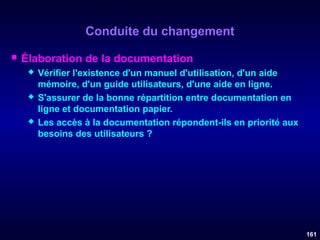 Conduite du changement


Élaboration de la documentation






Vérifier l'existence d'un manuel d'utilisation, d'un aide
mémoire, d'un guide utilisateurs, d'une aide en ligne.
S'assurer de la bonne répartition entre documentation en
ligne et documentation papier.
Les accès à la documentation répondent-ils en priorité aux
besoins des utilisateurs ?

161

 