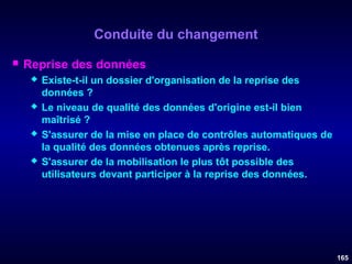 Conduite du changement


Reprise des données








Existe-t-il un dossier d'organisation de la reprise des
données ?
Le niveau de qualité des données d'origine est-il bien
maîtrisé ?
S'assurer de la mise en place de contrôles automatiques de
la qualité des données obtenues après reprise.
S'assurer de la mobilisation le plus tôt possible des
utilisateurs devant participer à la reprise des données.

165

 