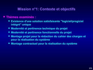 Mission n°1: Contexte et objectifs


Thèmes examinés :








Existence d'une solution satisfaisante "logiciel/progiciel
intégré" unique
Modernité et pertinence technique du projet
Modernité et pertinence fonctionnelle du projet
Montage projet pour la rédaction du cahier des charges et
pour la réalisation du système
Montage contractuel pour la réalisation du système

171

 