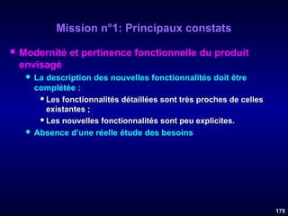 Mission n°1: Principaux constats


Modernité et pertinence fonctionnelle du produit
envisagé




La description des nouvelles fonctionnalités doit être
complétée :
 Les fonctionnalités détaillées sont très proches de celles
existantes ;
 Les nouvelles fonctionnalités sont peu explicites.
Absence d'une réelle étude des besoins

175

 
