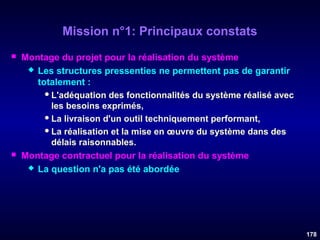 Mission n°1: Principaux constats




Montage du projet pour la réalisation du système
 Les structures pressenties ne permettent pas de garantir
totalement :
 L'adéquation des fonctionnalités du système réalisé avec
les besoins exprimés,
 La livraison d'un outil techniquement performant,
 La réalisation et la mise en œuvre du système dans des
délais raisonnables.
Montage contractuel pour la réalisation du système
 La question n'a pas été abordée

178

 