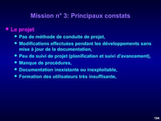 Mission n° 3: Principaux constats


Le projet








Pas de méthode de conduite de projet,
Modifications effectuées pendant les développements sans
mise à jour de la documentation,
Peu de suivi de projet (planification et suivi d'avancement),
Manque de procédures,
Documentation inexistante ou inexploitable,
Formation des utilisateurs très insuffisante,

194

 