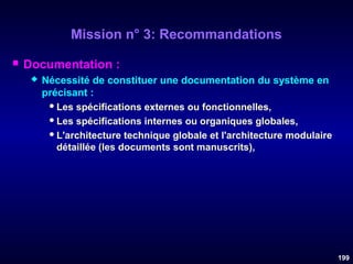 Mission n° 3: Recommandations


Documentation :


Nécessité de constituer une documentation du système en
précisant :
 Les spécifications externes ou fonctionnelles,
 Les spécifications internes ou organiques globales,
 L'architecture technique globale et l'architecture modulaire
détaillée (les documents sont manuscrits),

199

 