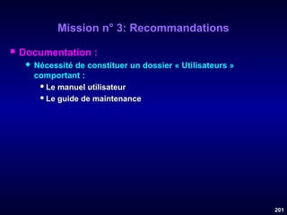 Mission n° 3: Recommandations


Documentation :


Nécessité de constituer un dossier « Utilisateurs »
comportant :
 Le manuel utilisateur
 Le guide de maintenance

201

 