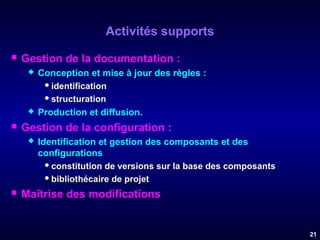 Activités supports


Gestion de la documentation :






Gestion de la configuration :




Conception et mise à jour des règles :
 identification
 structuration
Production et diffusion.
Identification et gestion des composants et des
configurations :
 constitution de versions sur la base des composants
 bibliothécaire de projet

Maîtrise des modifications

21

 