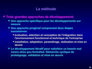La méthode


Trois grandes approches de développement:






Une approche spécifique pour les développements sur
mesure
Une approche progiciel comprenant deux étapes
successives:
 évaluation, sélection et conception de l'intégration dans
l'environnement fonctionnel et technique de l'entreprise
 installation, adaptation, paramétrage, réalisation et mise en
œuvre
Le développement itératif pour satisfaire un besoin mal
connu et/ou peu formalisé. Démarche cyclique de
prototypage, validation et mise en œuvre

35

 