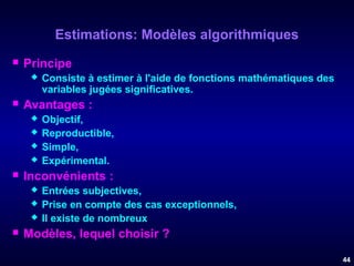Estimations: Modèles algorithmiques


Principe




Avantages :







Objectif,
Reproductible,
Simple,
Expérimental.

Inconvénients :






Consiste à estimer à l'aide de fonctions mathématiques des
variables jugées significatives.

Entrées subjectives,
Prise en compte des cas exceptionnels,
Il existe de nombreux

Modèles, lequel choisir ?
44

 