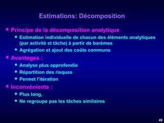Estimations: Décomposition


Principe de la décomposition analytique






Avantages :






Estimation individuelle de chacun des éléments analytiques
(par activité et tâche) à partir de barèmes
Agrégation et ajout des coûts communs
Analyse plus approfondie
Répartition des risques
Permet l'itération

Inconvénients :



Plus long,
Ne regroupe pas les tâches similaires

49

 