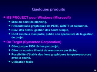 Quelques produits


MS PROJECT pour Windows (Microsoft)







Mise au point de planning,
Présentations graphiques de PERT, GANTT et calendrier,
Suivi des délais, gestion des coûts simple,
Outil simple à manipuler, public non spécialiste de la gestion
de projet.

On Target (Symantec Corporation)






Gère jusque 1500 tâches par projet,
Gère un nombre illimité de ressources par tâche,
Possibilité d'établir des liens graphiques temps/ressources
avec la souris,
Utilisation facile
56

 