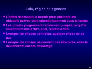 Lois, règles et légendes








L'effort nécessaire à fournir pour atteindre les
objectifs prévus croît géométriquement avec le temps
Les projets progressent rapidement jusqu’à ce qu’ils
soient terminés à 90% puis, restent à 90%
Lorsque les choses vont bien, quelque chose ne va
pas
Lorsque les choses ne peuvent pas être pires, elles le
deviendront encore davantage

60

 