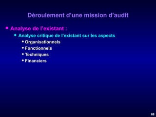 Déroulement d’une mission d’audit


Analyse de l’existant :


Analyse critique de l’existant sur les aspects
 Organisationnels
 Fonctionnels
 Techniques
 Financiers

68

 