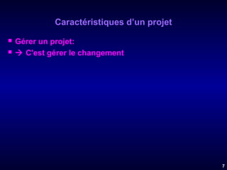 Caractéristiques d’un projet



Gérer un projet:
 C'est gérer le changement

7

 