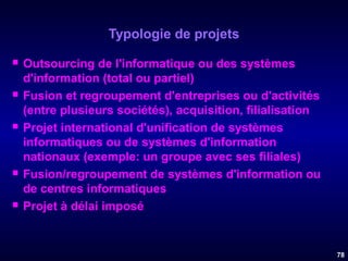 Typologie de projets










Outsourcing de l'informatique ou des systèmes
d'information (total ou partiel)
Fusion et regroupement d'entreprises ou d'activités
(entre plusieurs sociétés), acquisition, filialisation
Projet international d'unification de systèmes
informatiques ou de systèmes d'information
nationaux (exemple: un groupe avec ses filiales)
Fusion/regroupement de systèmes d'information ou
de centres informatiques
Projet à délai imposé

78

 