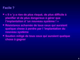 Facile ?






« Il n ’y a rien de plus risqué, de plus difficile à
planifier et de plus dangereux à gérer que
l’implantation d ’un nouveau système ! »
Résistance acharnée de tous ceux qui auraient
quelque chose à perdre par l ’implantation du
nouveau système
Soutien mitigé de tous ceux qui auraient quelque
chose à gagner

8

 