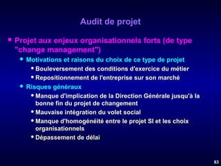 Audit de projet


Projet aux enjeux organisationnels forts (de type
"change management")




Motivations et raisons du choix de ce type de projet
 Bouleversement des conditions d'exercice du métier
 Repositionnement de l'entreprise sur son marché
Risques généraux
 Manque d'implication de la Direction Générale jusqu'à la
bonne fin du projet de changement
 Mauvaise intégration du volet social
 Manque d'homogénéité entre le projet SI et les choix
organisationnels
 Dépassement de délai

83

 