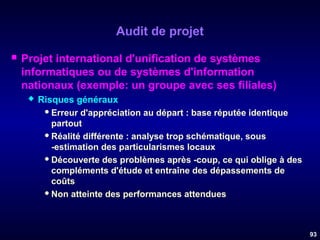 Audit de projet


Projet international d'unification de systèmes
informatiques ou de systèmes d'information
nationaux (exemple: un groupe avec ses filiales)


Risques généraux
 Erreur d'appréciation au départ : base réputée identique
partout
 Réalité différente : analyse trop schématique, sous
-estimation des particularismes locaux
 Découverte des problèmes après -coup, ce qui oblige à des
compléments d'étude et entraîne des dépassements de
coûts
 Non atteinte des performances attendues

93

 