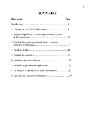 2
SOMMAIRE
Description Page
Introduction…………………………………………………….3
1- Les concepts de l’audit informatique………………………..8
2- Audit de la politique et des stratégies de mise en place
de l’informatique…………………………………………….11
3- Audit de l’organisation générale et des ressources
humaines informatiques……………………………………..15
4- Audit des études……………………………………………..22
5- Audit de l’exploitation…………………………………….…32
6- Audit des moyens techniques………………………………. .55
7- Audit des applications en exploitation………………………..66
8- La conduite d’une mission d’audit informatique……………..80
9- Les outils de l’auditeur informatique…………………… …89
 
